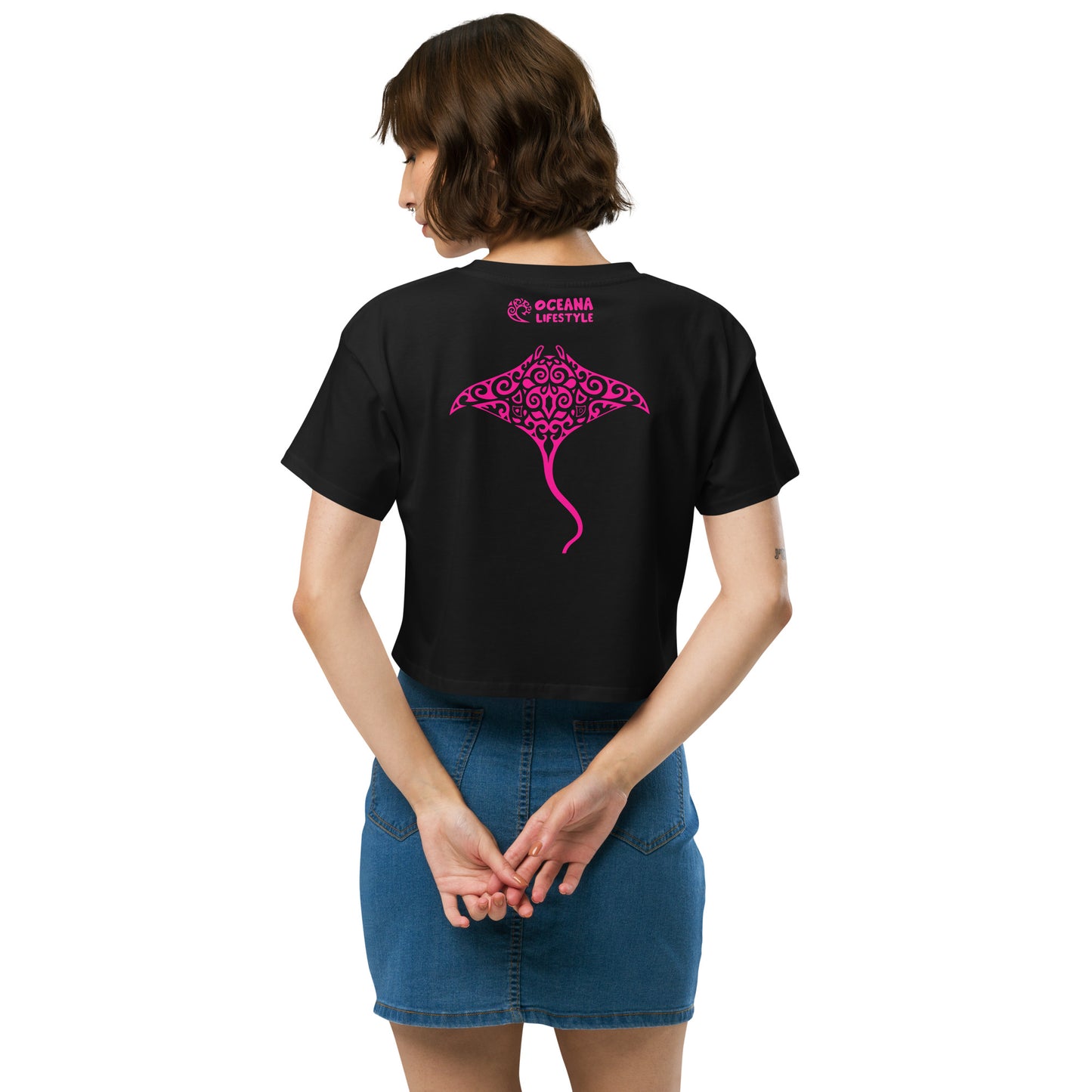 Polynesian Manta Ray Crop Top Women Pink on Black Back