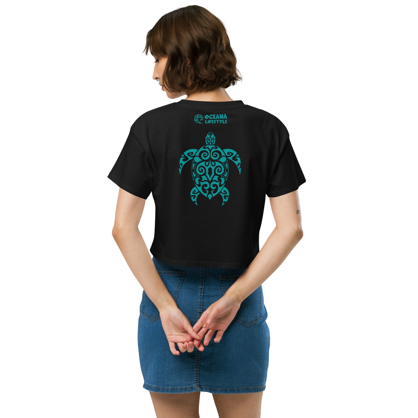 Polynesian Sea Turtle Crop Top Women Teal on Black Back