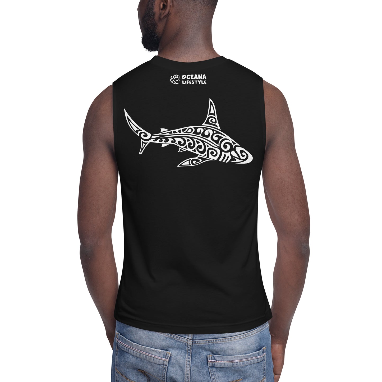 Polynesian Shark Muscle Shirt Unisex White on Black Back