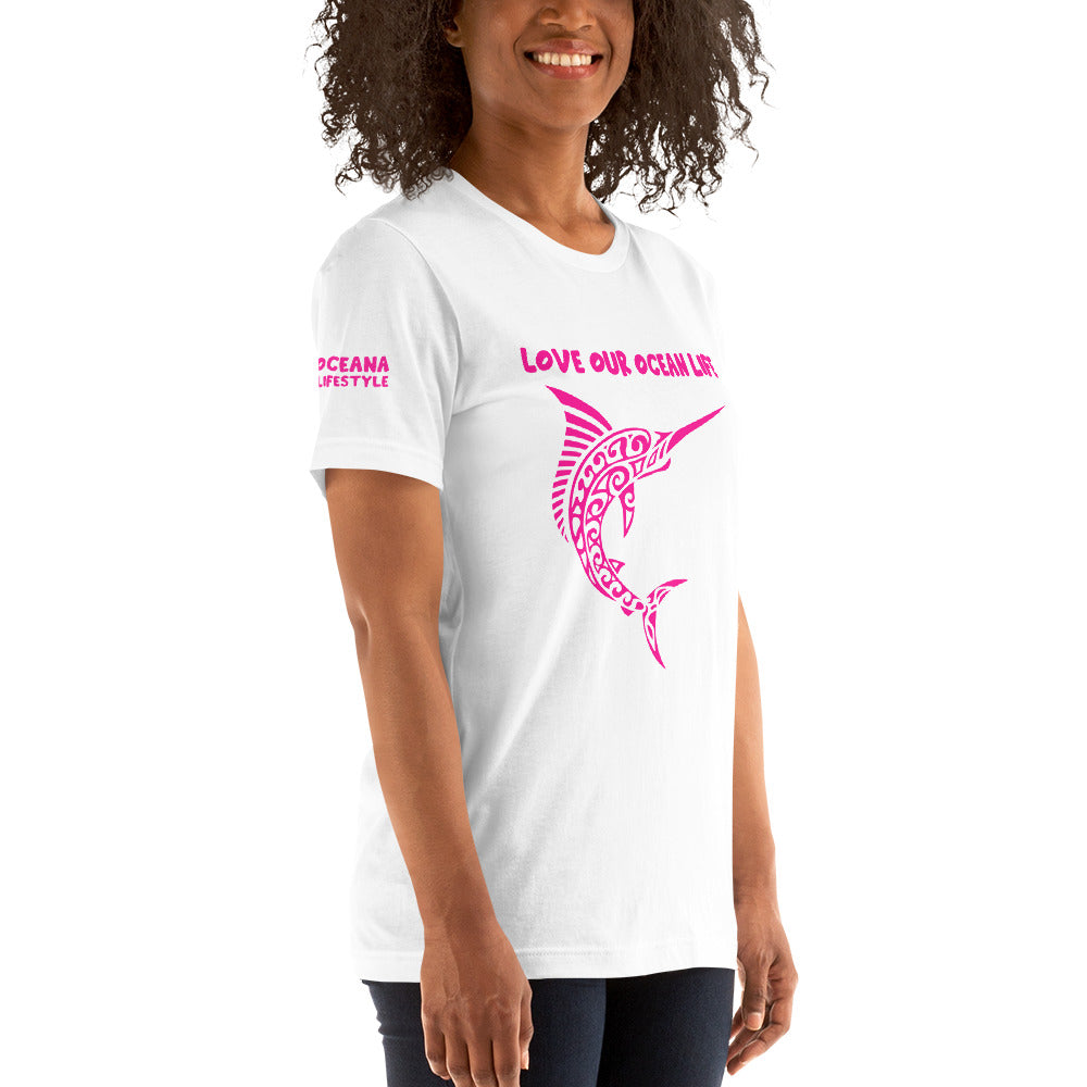 Polynesian T-shirt Marlin Tribal Samoan For Men and Women Front Center Pink on White