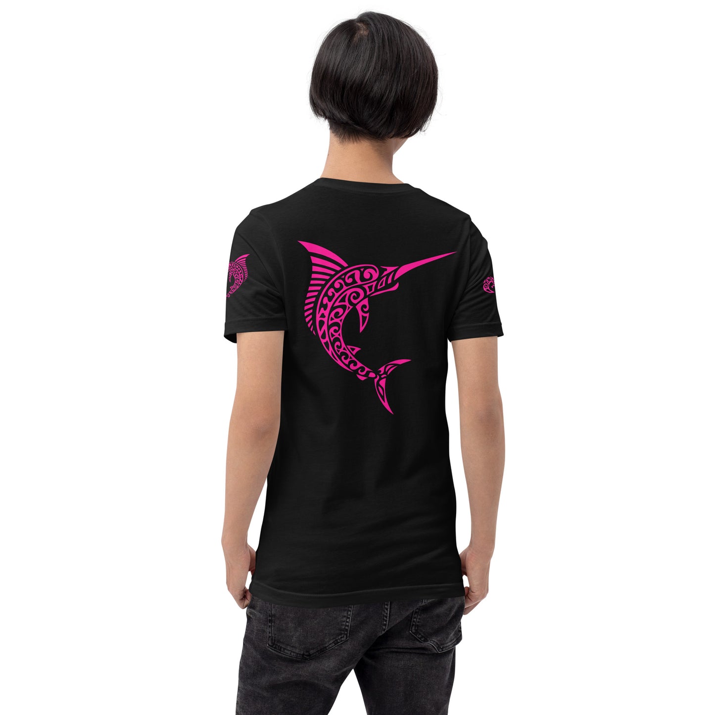 Polynesian T-shirt Marlin Tribal Samoan For Men and Women Full Back/ Front Crest Pink on Black