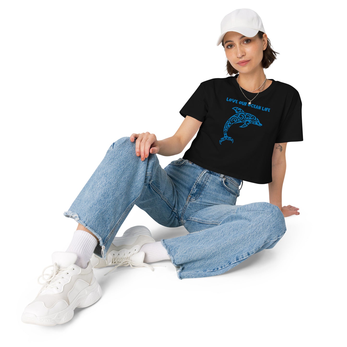 Polynesian Dolphin Crop Top Women Blue on Black Front