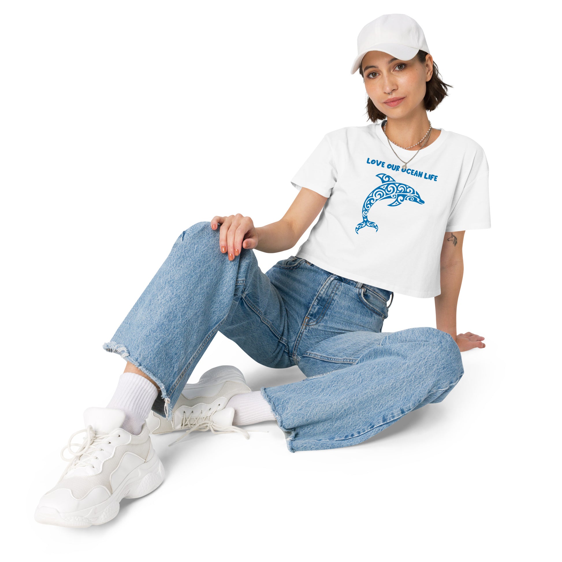 Polynesian Dolphin Crop Top Women Blue on White Front
