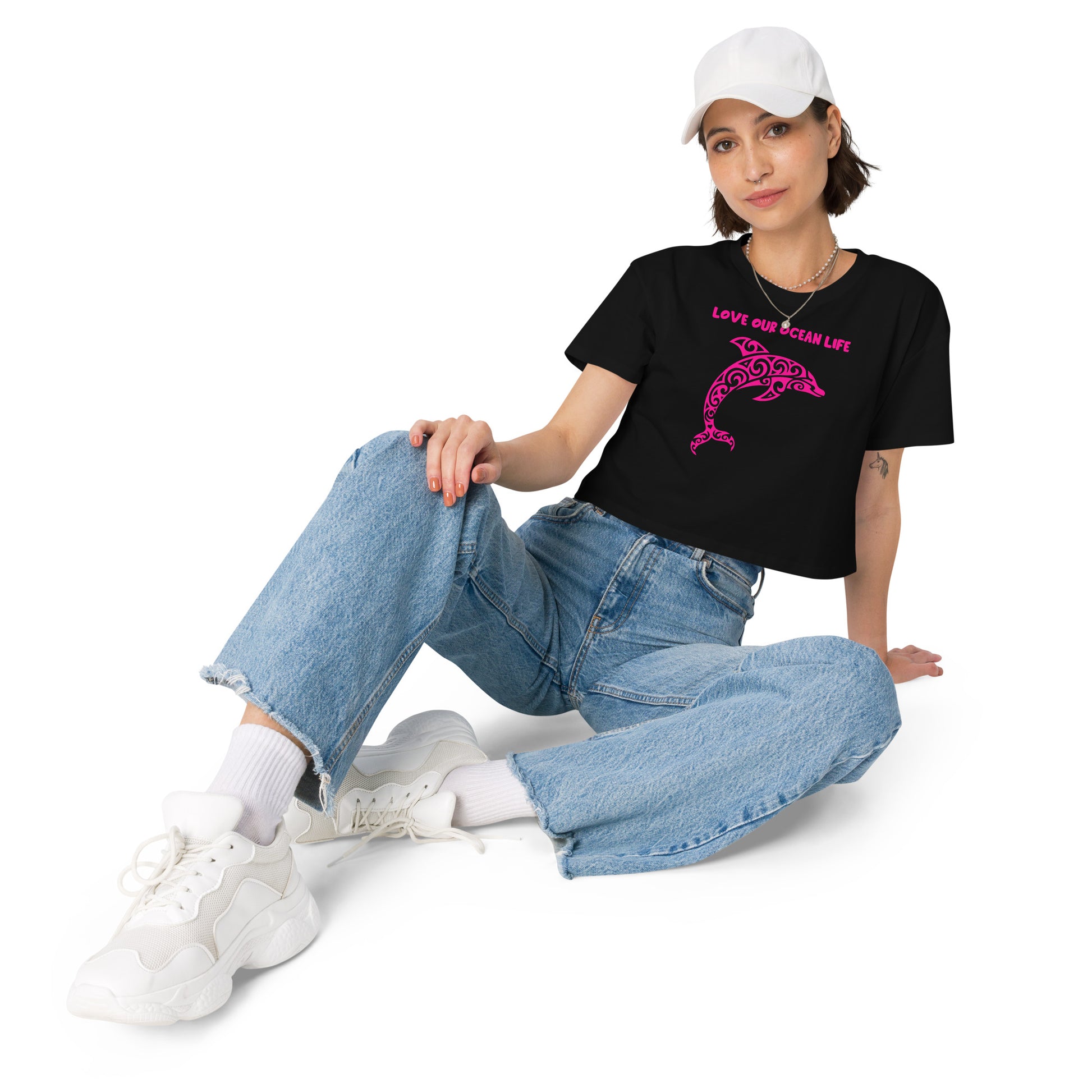 Polynesian Dolphin Crop Top Women Pink on Black Front