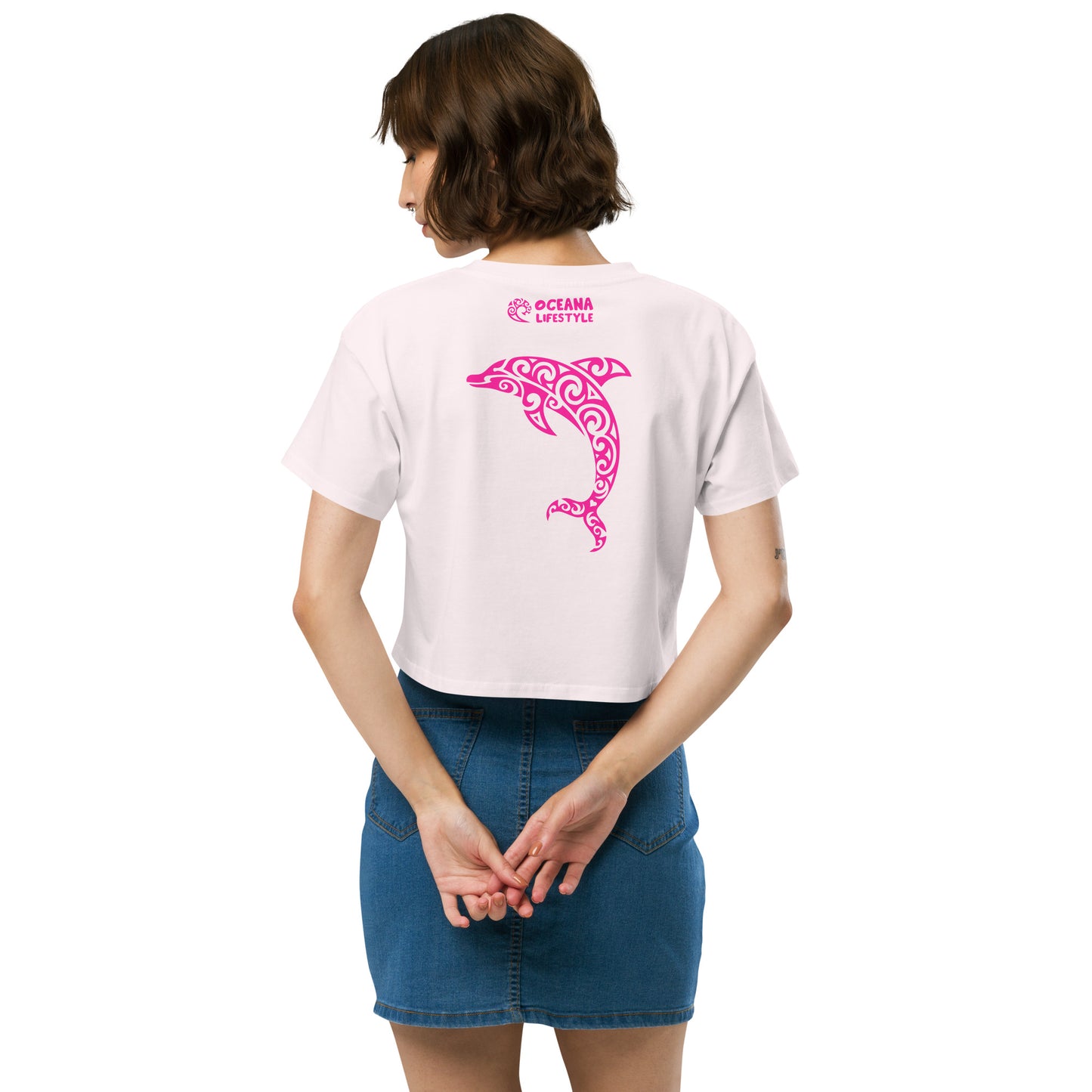 Polynesian Dolphin Crop Top Women Pink on Pink Back