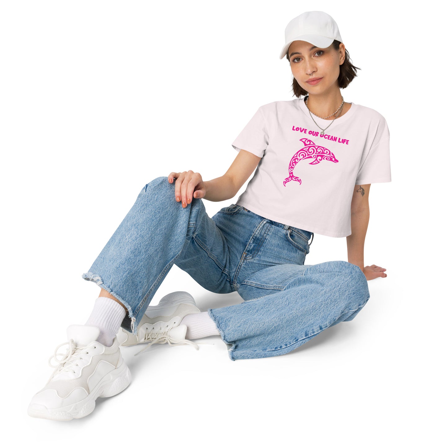 Polynesian Dolphin Crop Top Women Pink on Pink Front