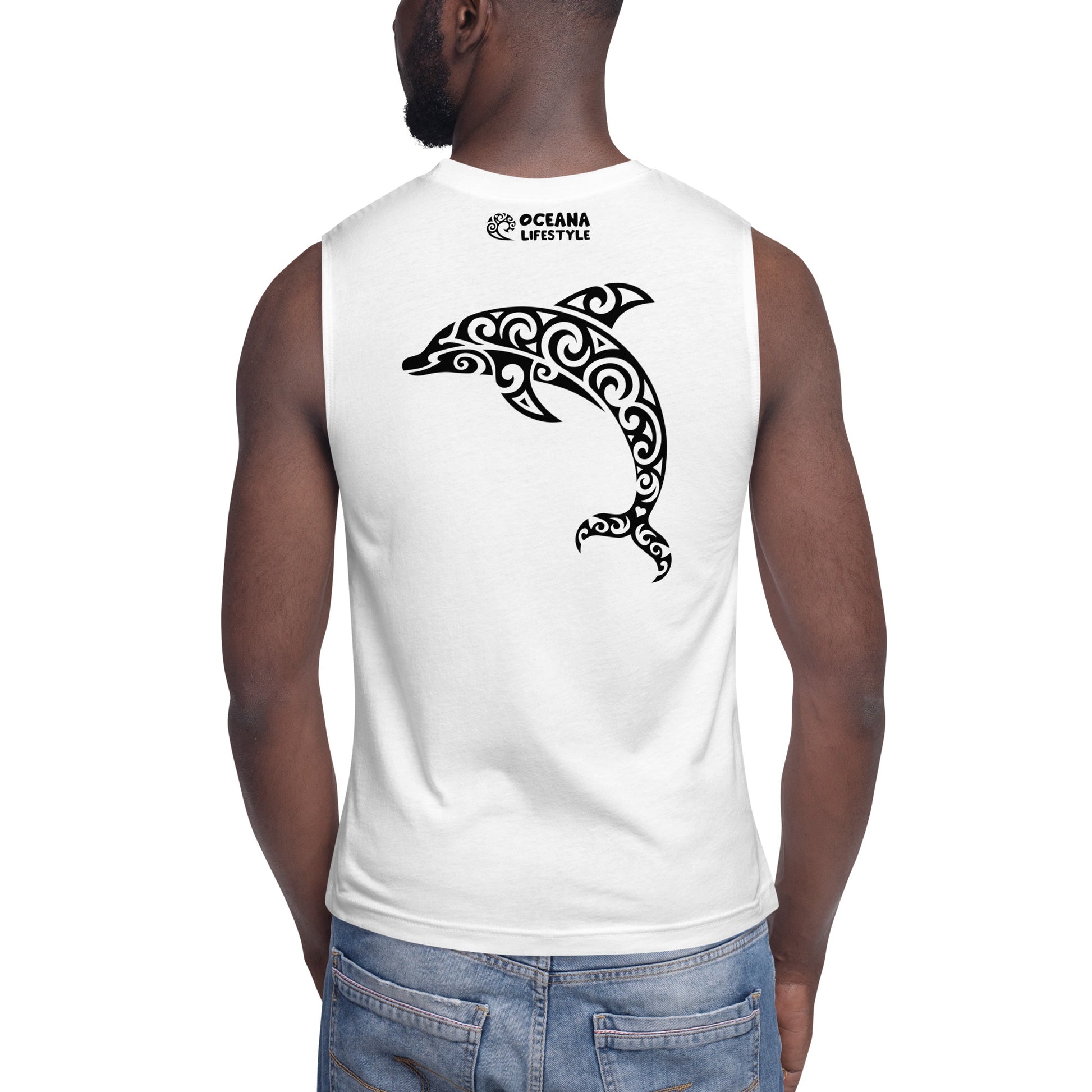 Polynesian Dolphin Muscle Shirt Unisex Black on White Back