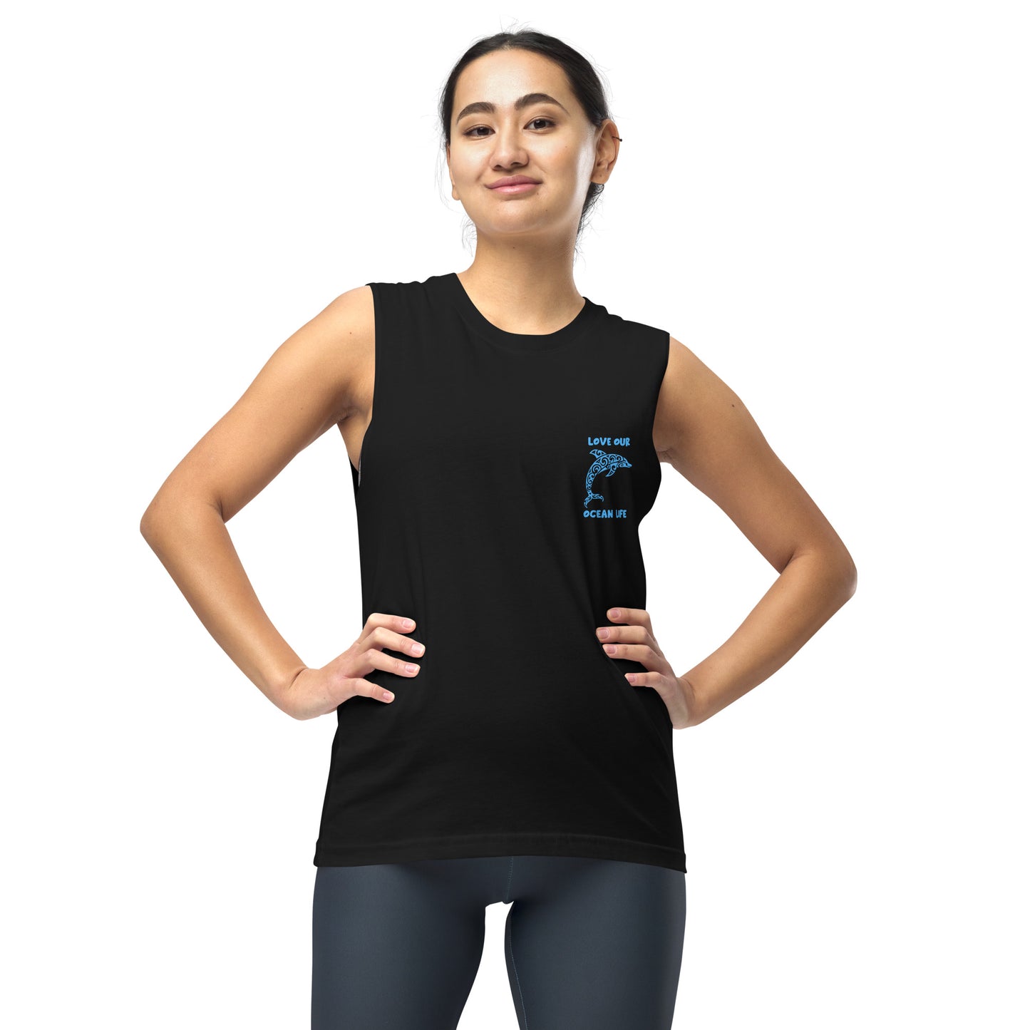 Polynesian Dolphin Muscle Shirt Unisex Blue on Black Front