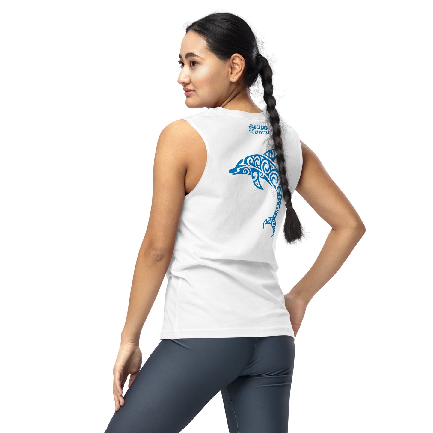 Polynesian Dolphin Muscle Shirt Unisex Blue on White Back