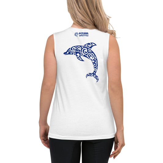 Polynesian Dolphin Muscle Shirt Unisex Navy on White Back