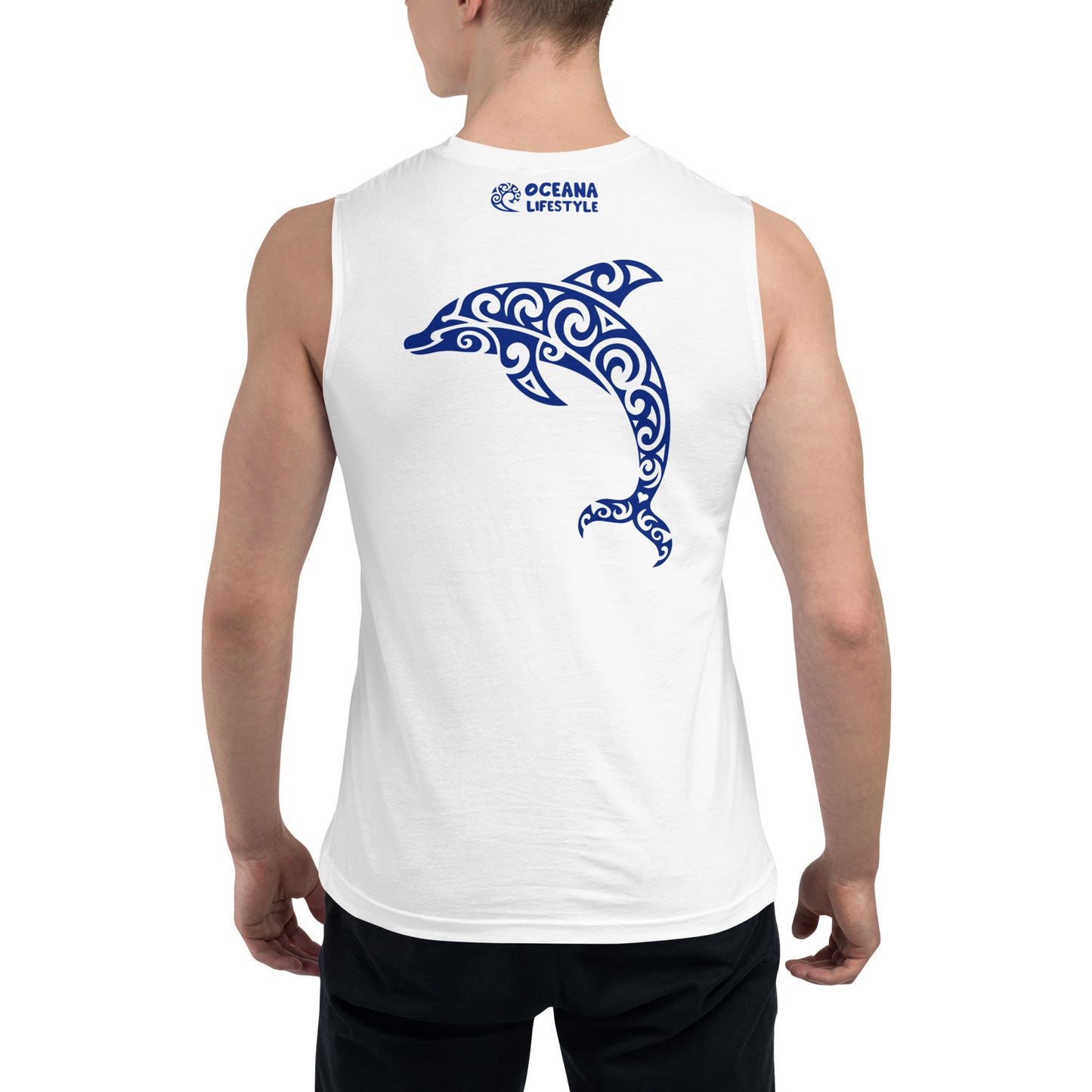 Polynesian Dolphin Muscle Shirt Unisex Navy on White Back