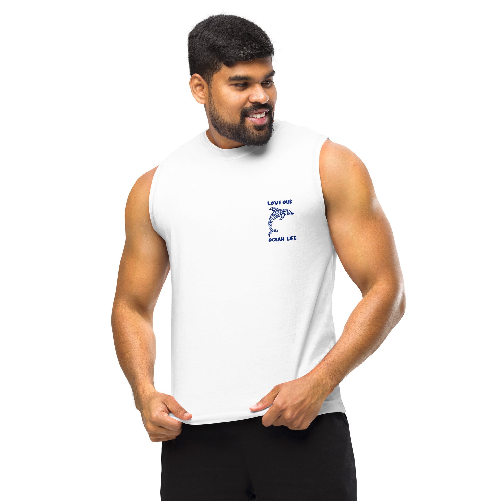 Polynesian Dolphin Muscle Shirt Unisex Navy on White Front