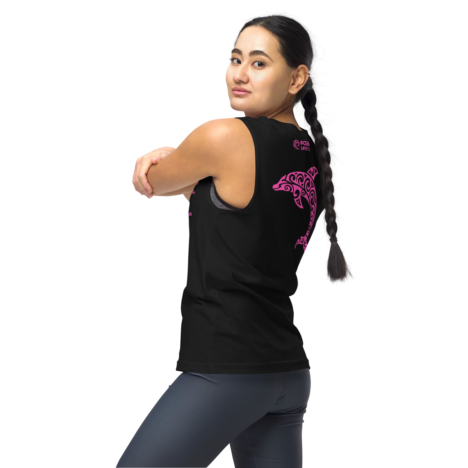 Polynesian Dolphin Muscle Shirt Unisex Pink on Black Back Left