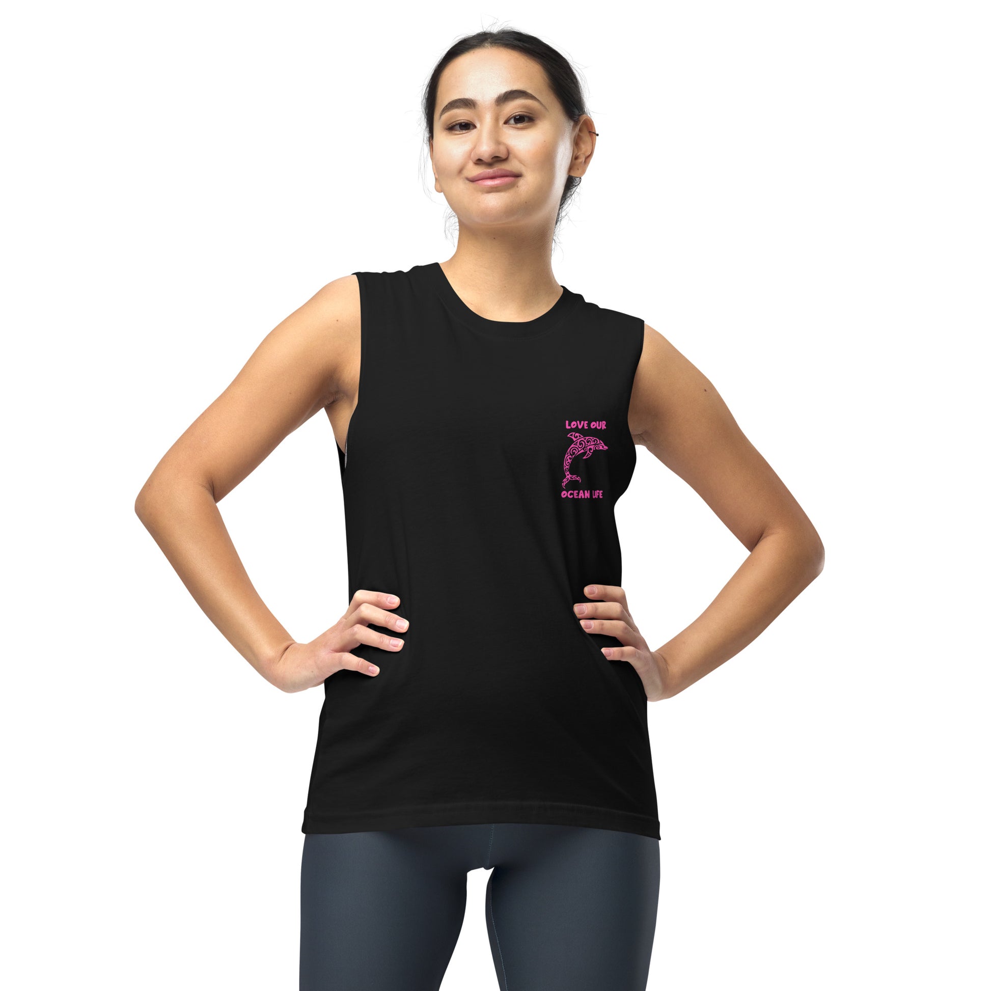 Polynesian Dolphin Muscle Shirt Unisex Pink on Black Front