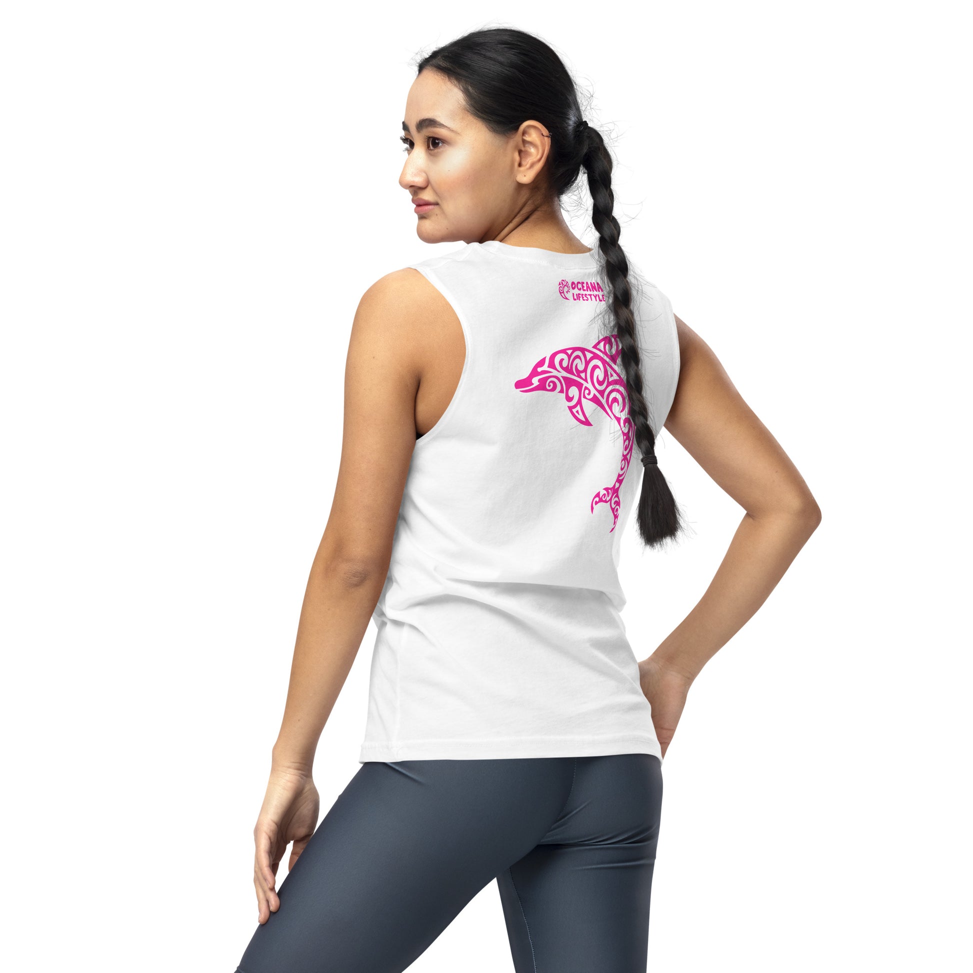 Polynesian Dolphin Muscle Shirt Unisex Pink on White Back