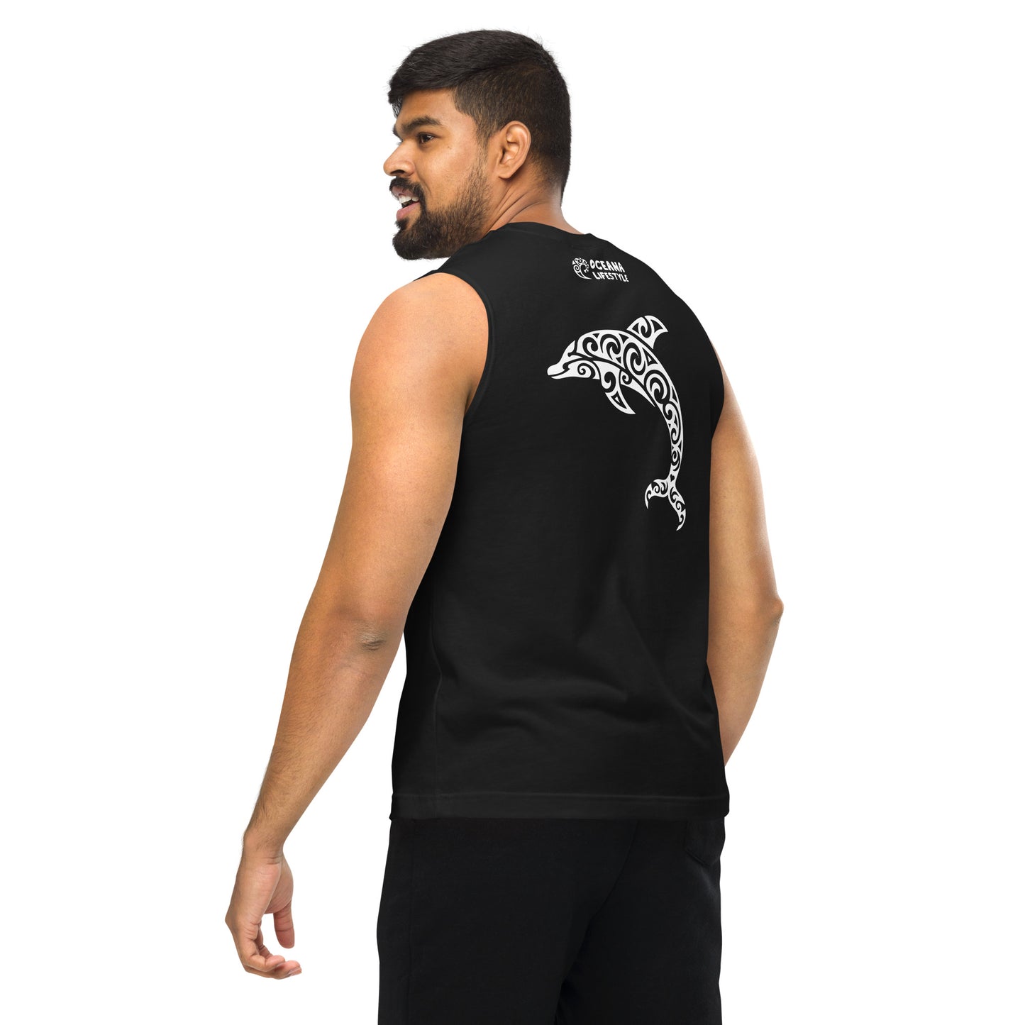 Polynesian Dolphin Muscle Shirt Unisex White on Black Back Left