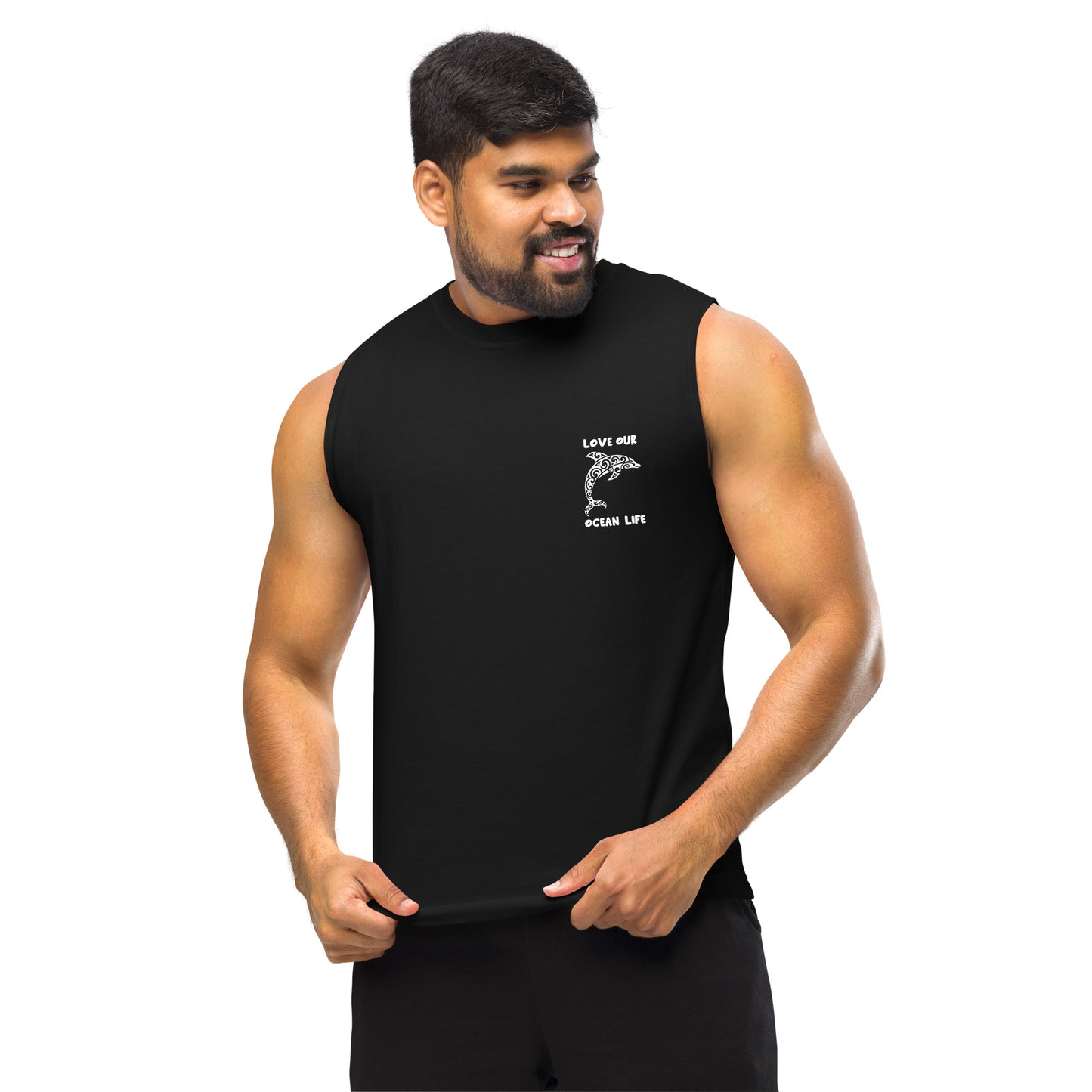 Polynesian Dolphin Muscle Shirt Unisex White on Black Front