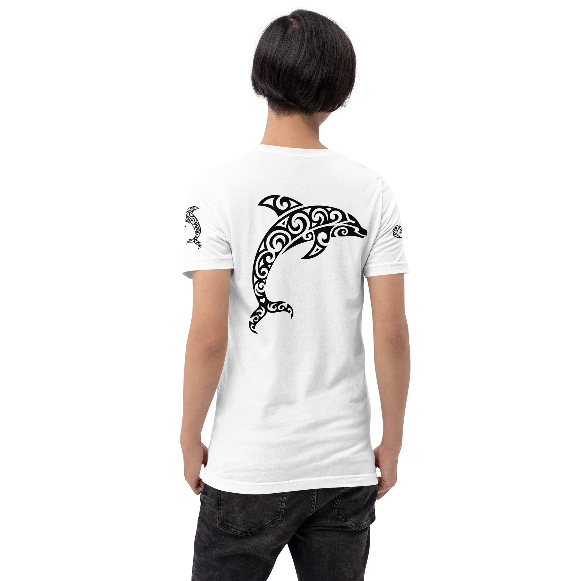 Polynesian Dolphin T-shirt For Men and Women Back Black on White