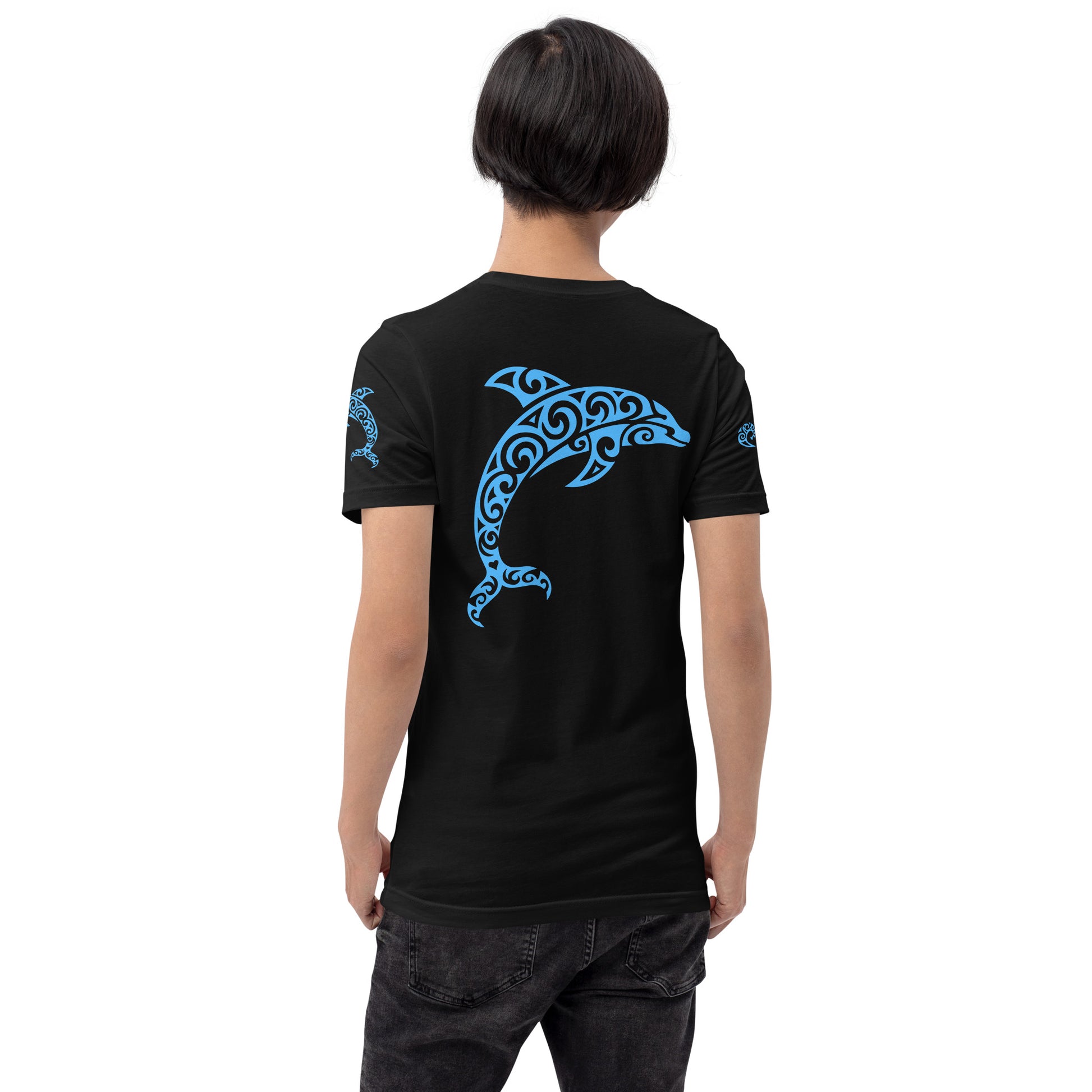 Polynesian Dolphin T-shirt For Men and Women Back Blue on Black