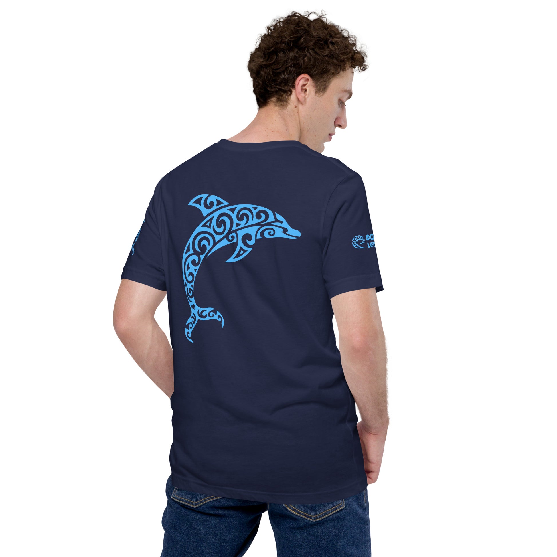 Polynesian Dolphin T-shirt For Men and Women Back Blue on Navy