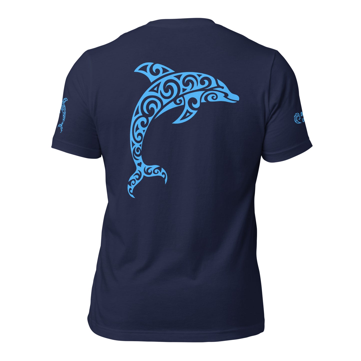 Polynesian Dolphin T-shirt For Men and Women Back Blue on Navy