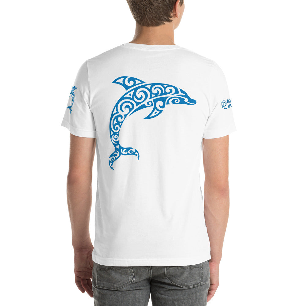 Polynesian Dolphin T-shirt For Men and Women Back Blue on White