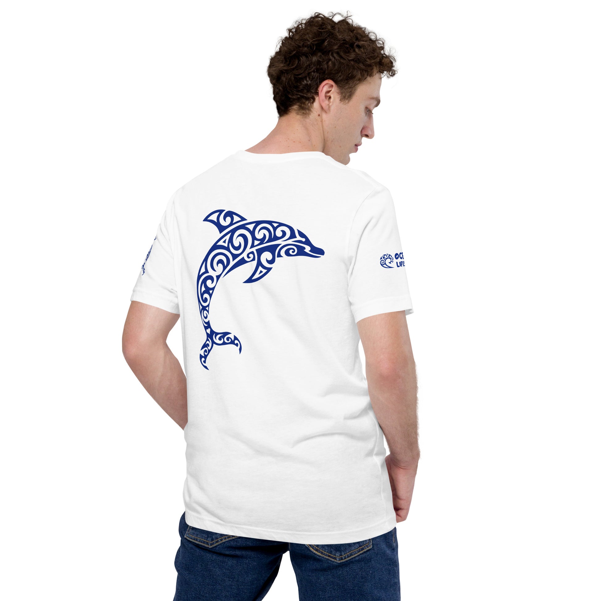 Polynesian Dolphin T-shirt For Men and Women Back Navy on White