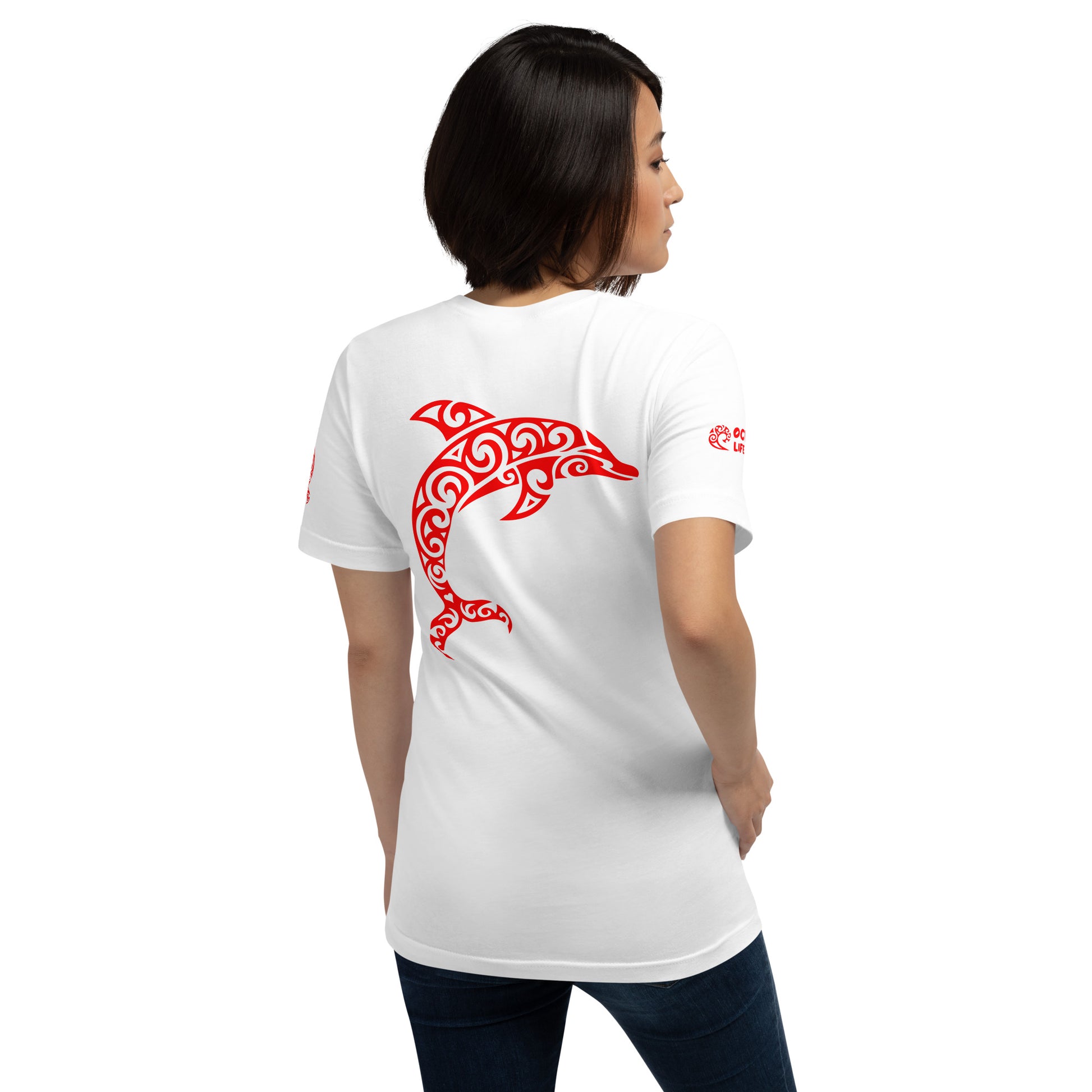Polynesian Dolphin T-shirt For Men and Women Back Orange on White