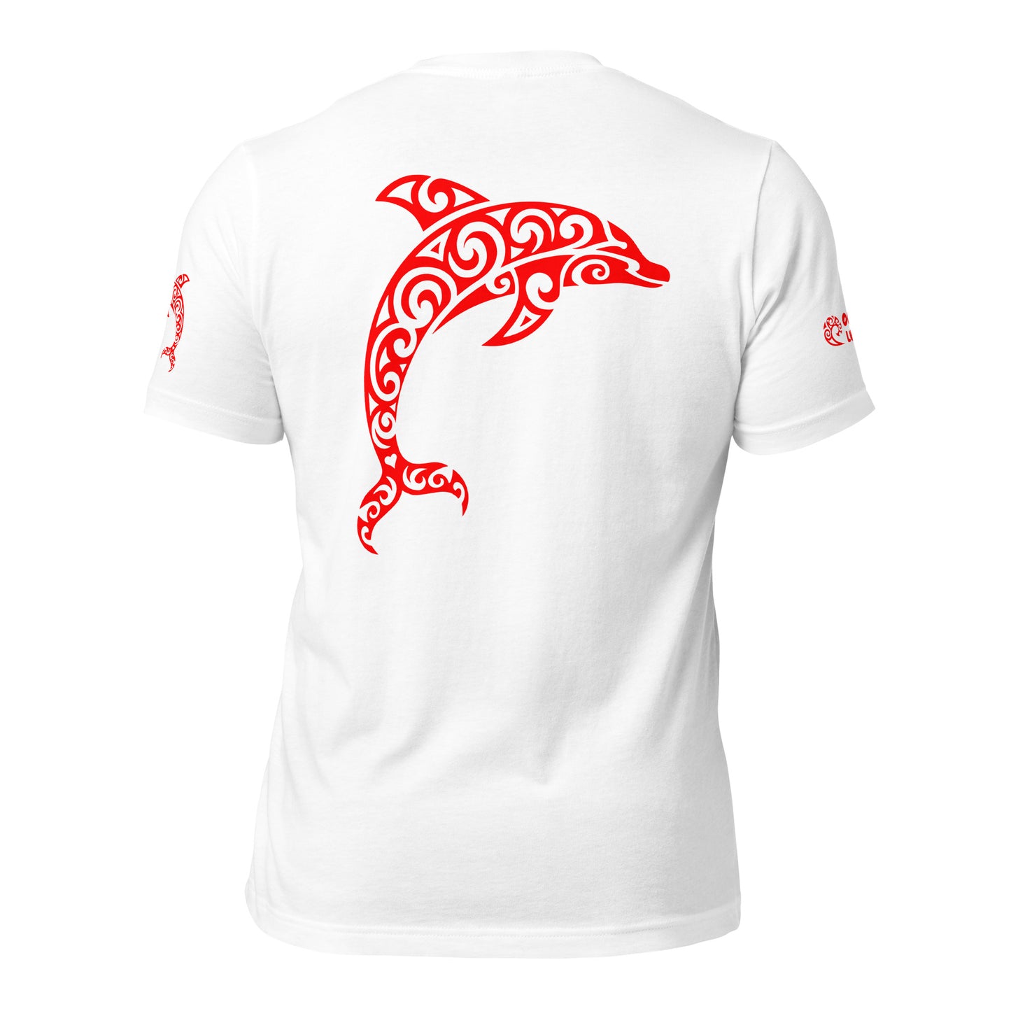 Polynesian Dolphin T-shirt For Men and Women Back Orange on White