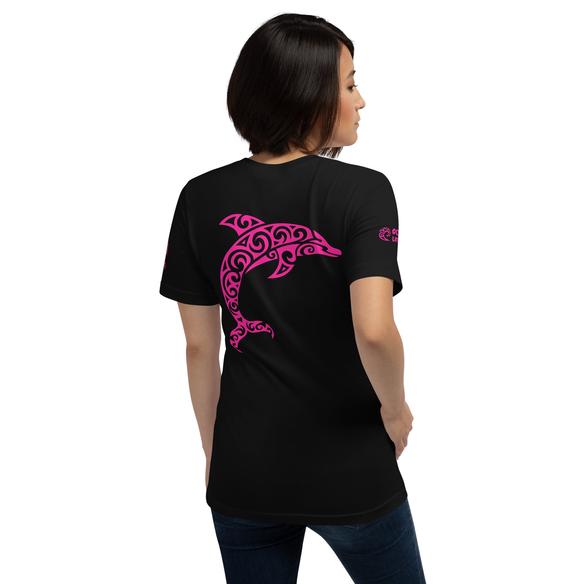 Polynesian Dolphin T-shirt For Men and Women Back Pink on Black