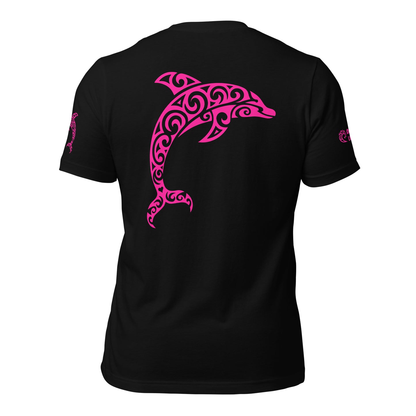 Polynesian Dolphin T-shirt For Men and Women Back Pink on Black