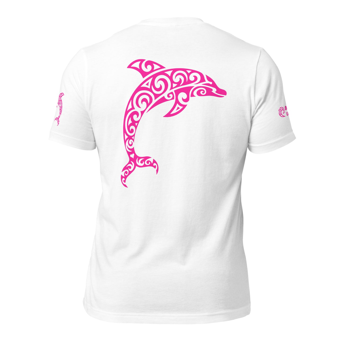 Polynesian Dolphin T-shirt For Men and Women Back Pink on White