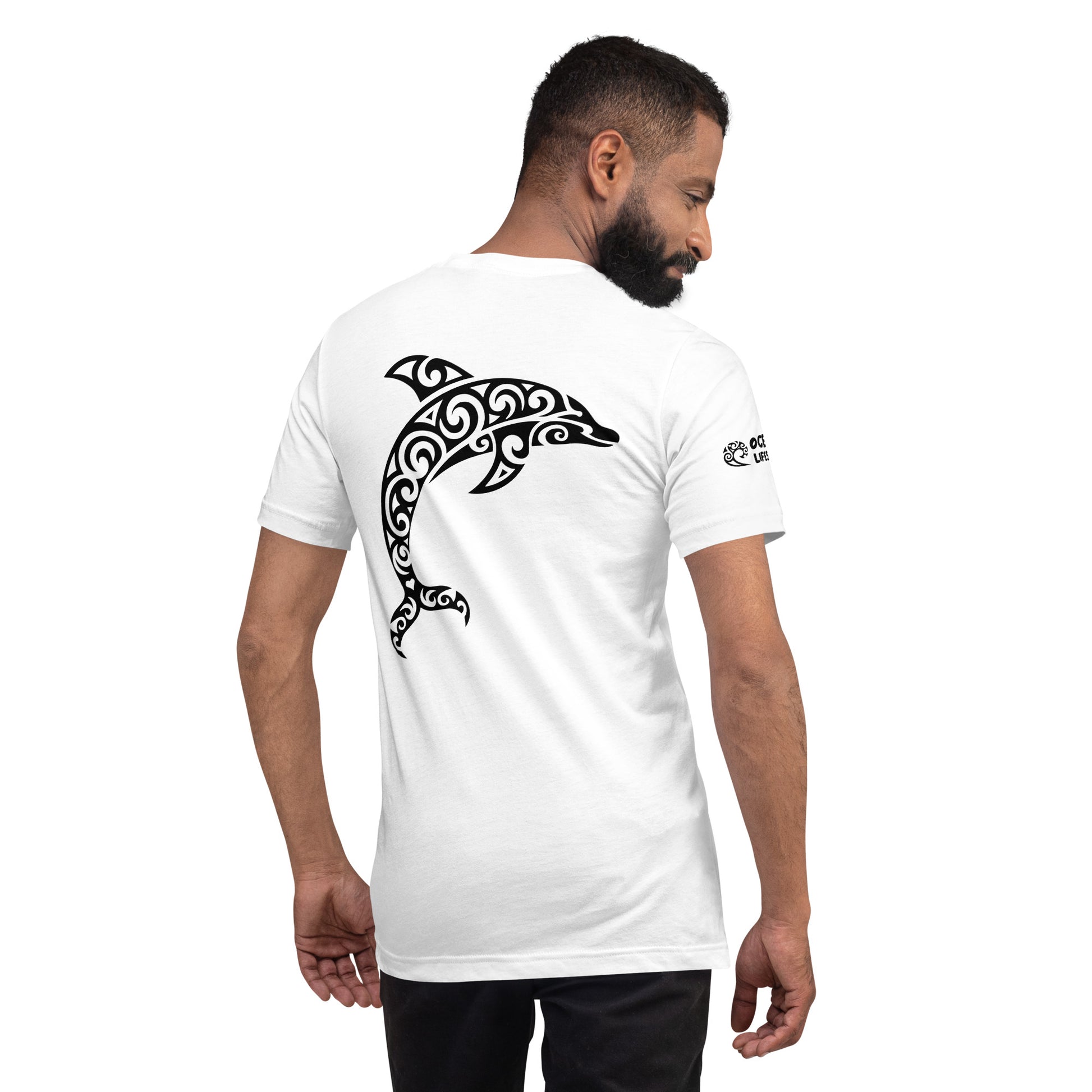 Polynesian Dolphin T-shirt For Men and Women Back Right Black on White