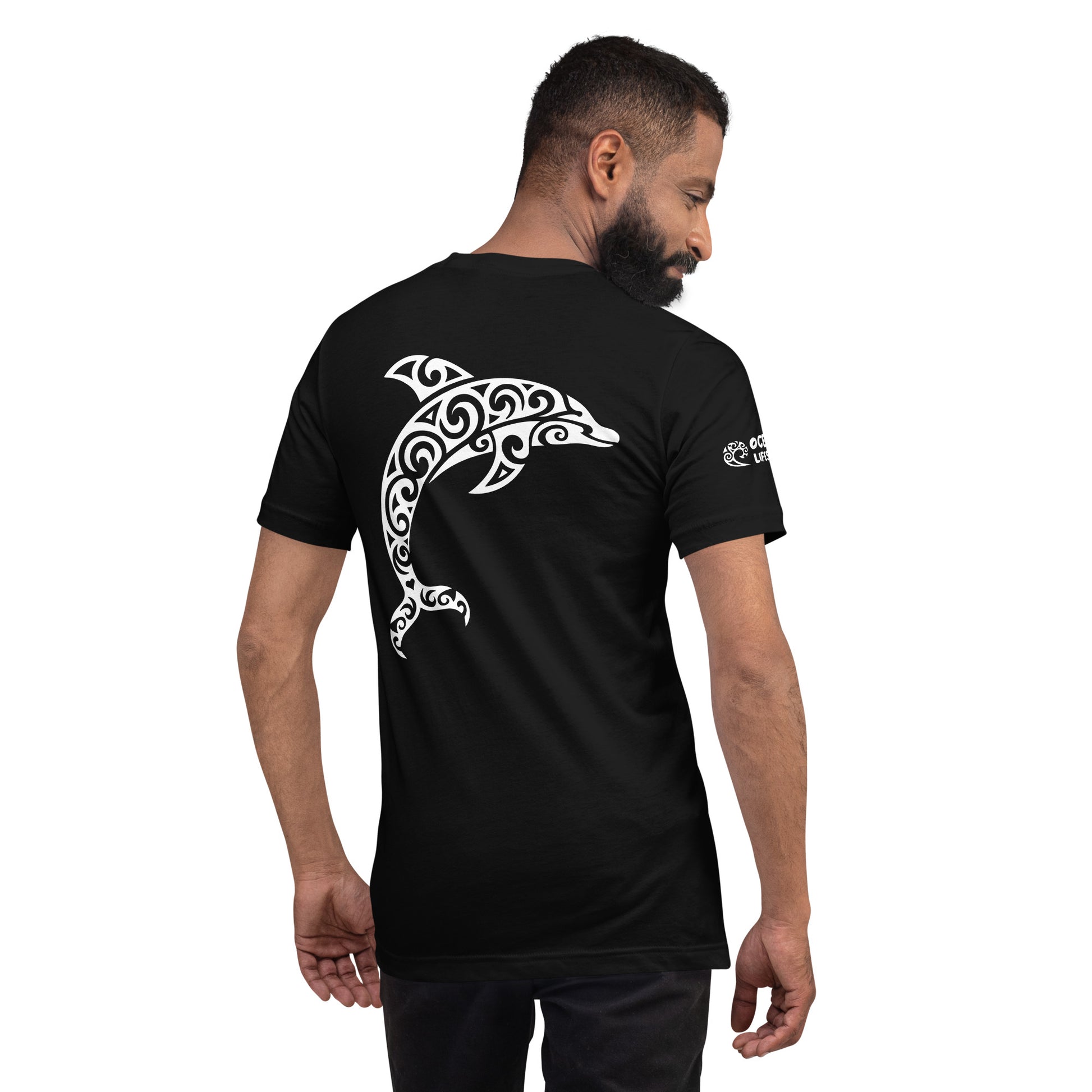 Polynesian Dolphin T-shirt For Men and Women Back White on Black