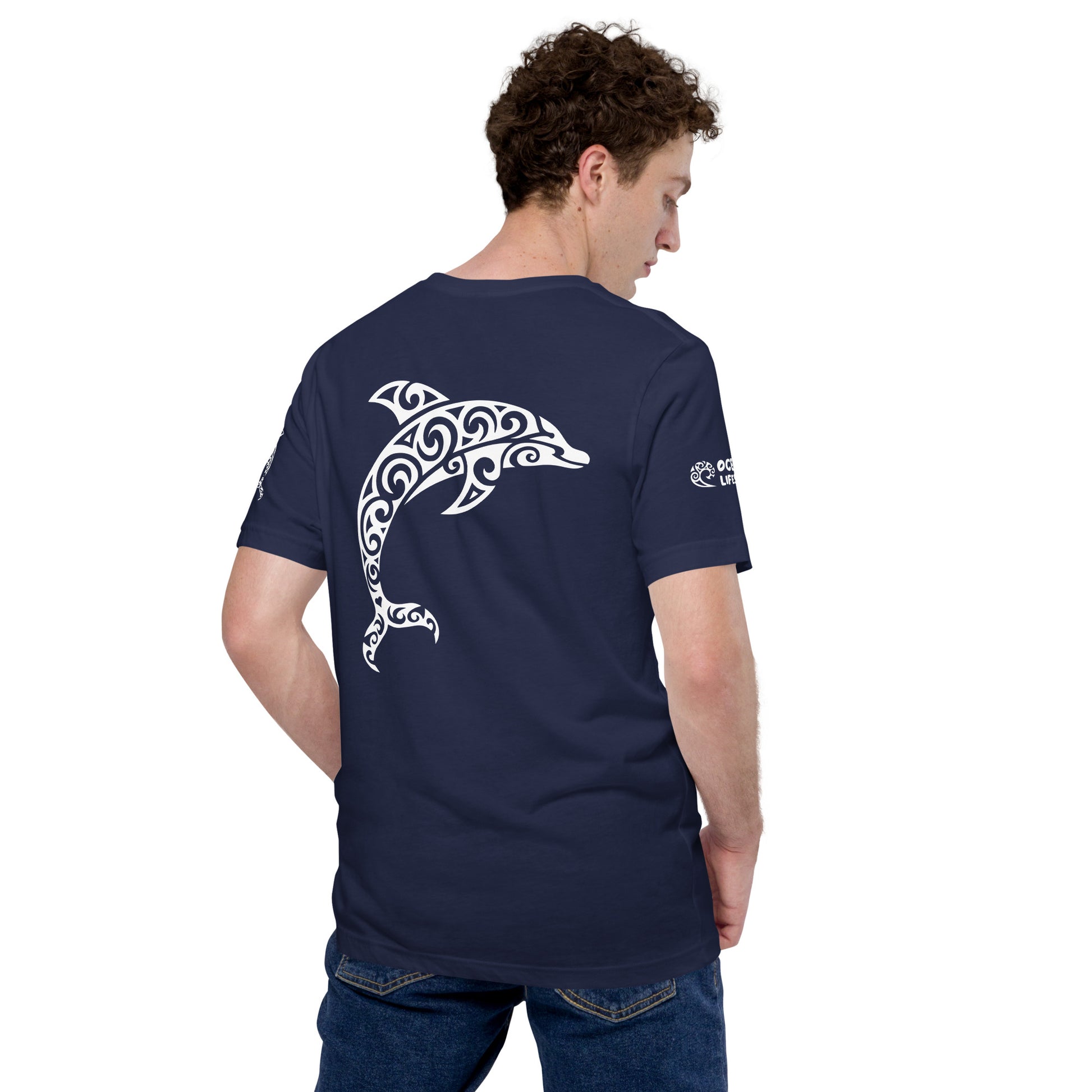 Polynesian Dolphin T-shirt For Men and Women Back White on Navy