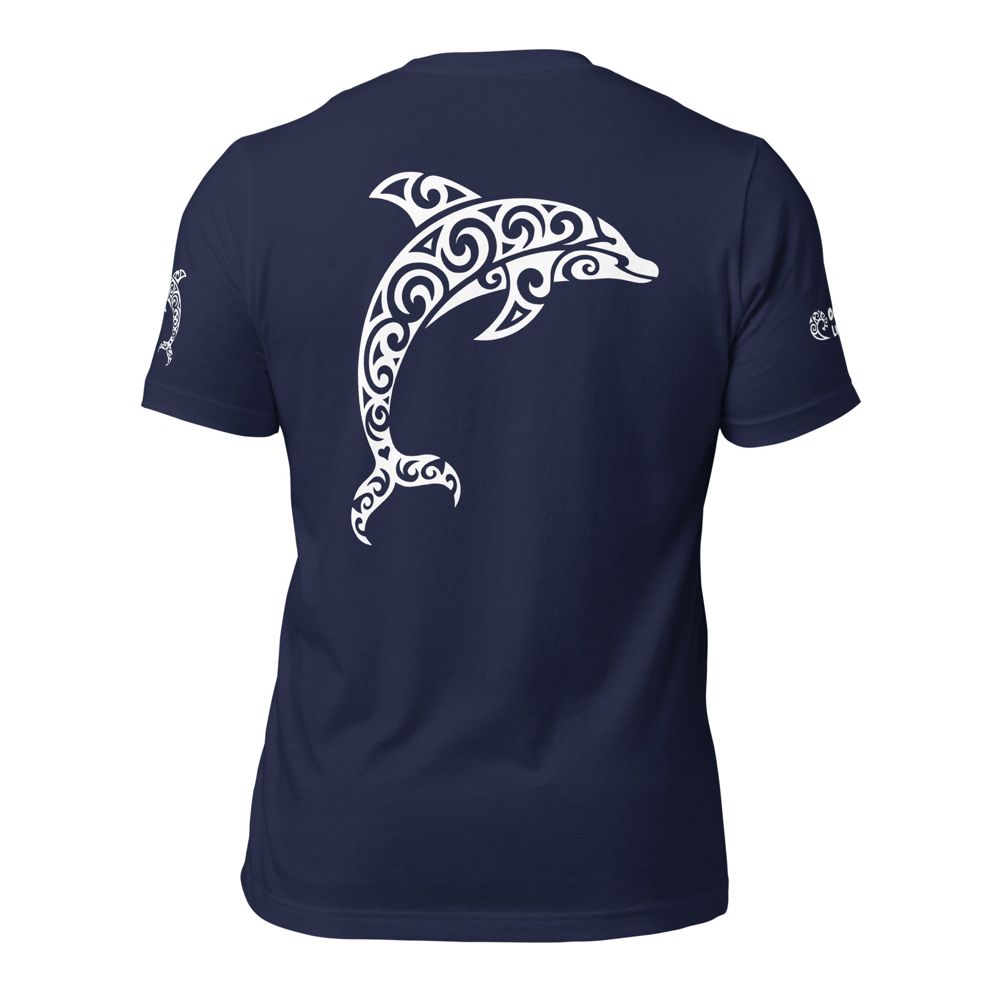 Polynesian Dolphin T-shirt For Men and Women Back White on Navy