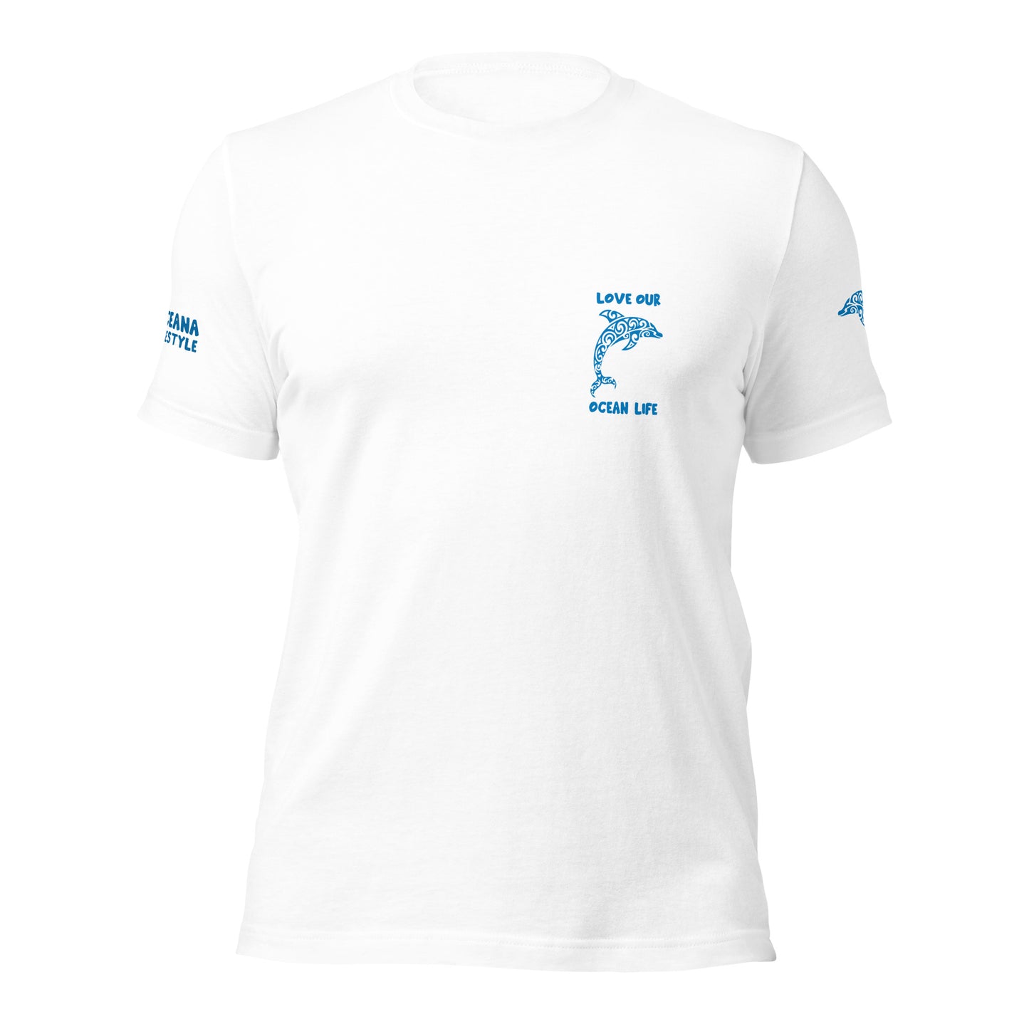 Polynesian Dolphin T-shirt For Men and Women Front Crest Blue on White