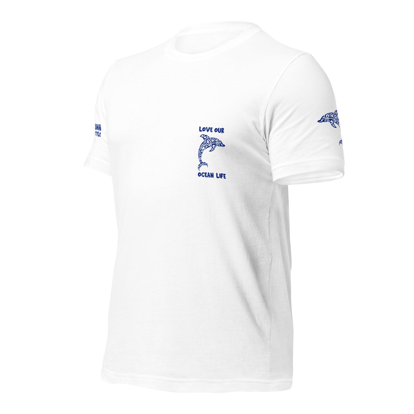 Polynesian Dolphin T-shirt For Men and Women Front Left Navy on White