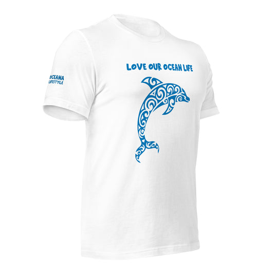 Polynesian Dolphin T-shirt For Men and Women Front Right Blue on White