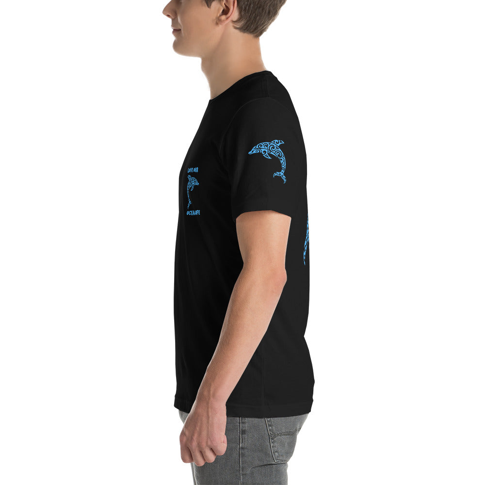 Polynesian Dolphin T-shirt For Men and Women Left Blue on Black