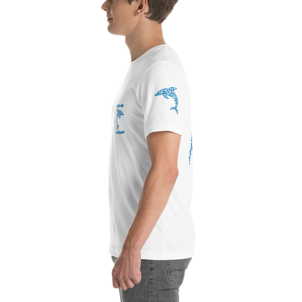 Polynesian Dolphin T-shirt For Men and Women Left Blue on White