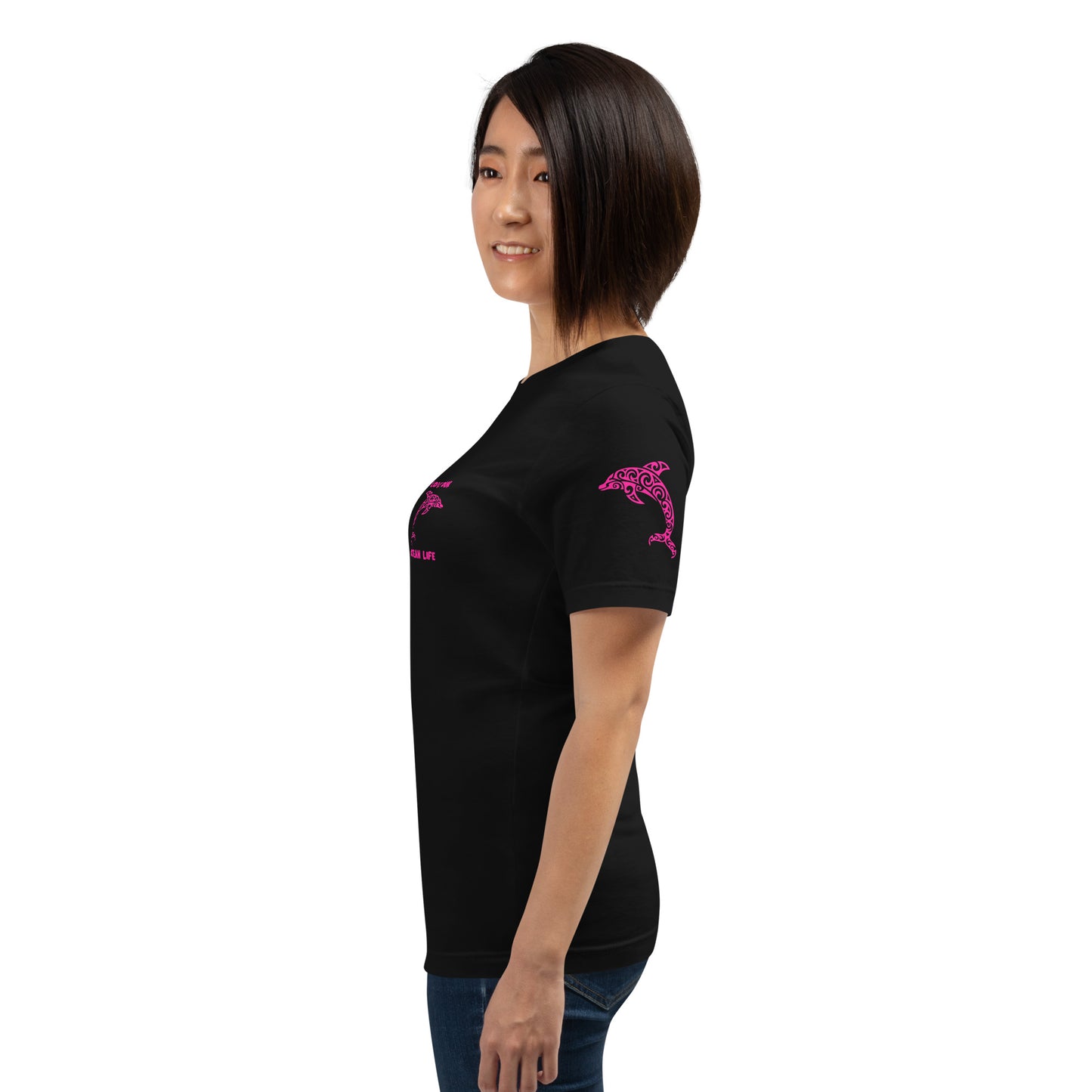Polynesian Dolphin T-shirt For Men and Women Left Pink on Black