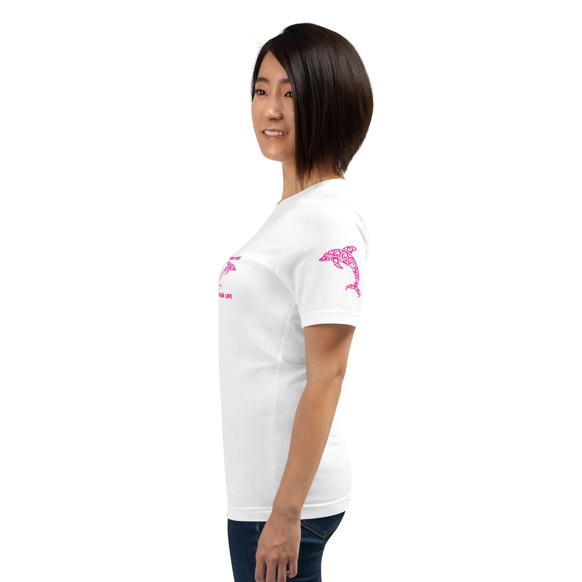 Polynesian Dolphin T-shirt For Men and Women Left Pink on White