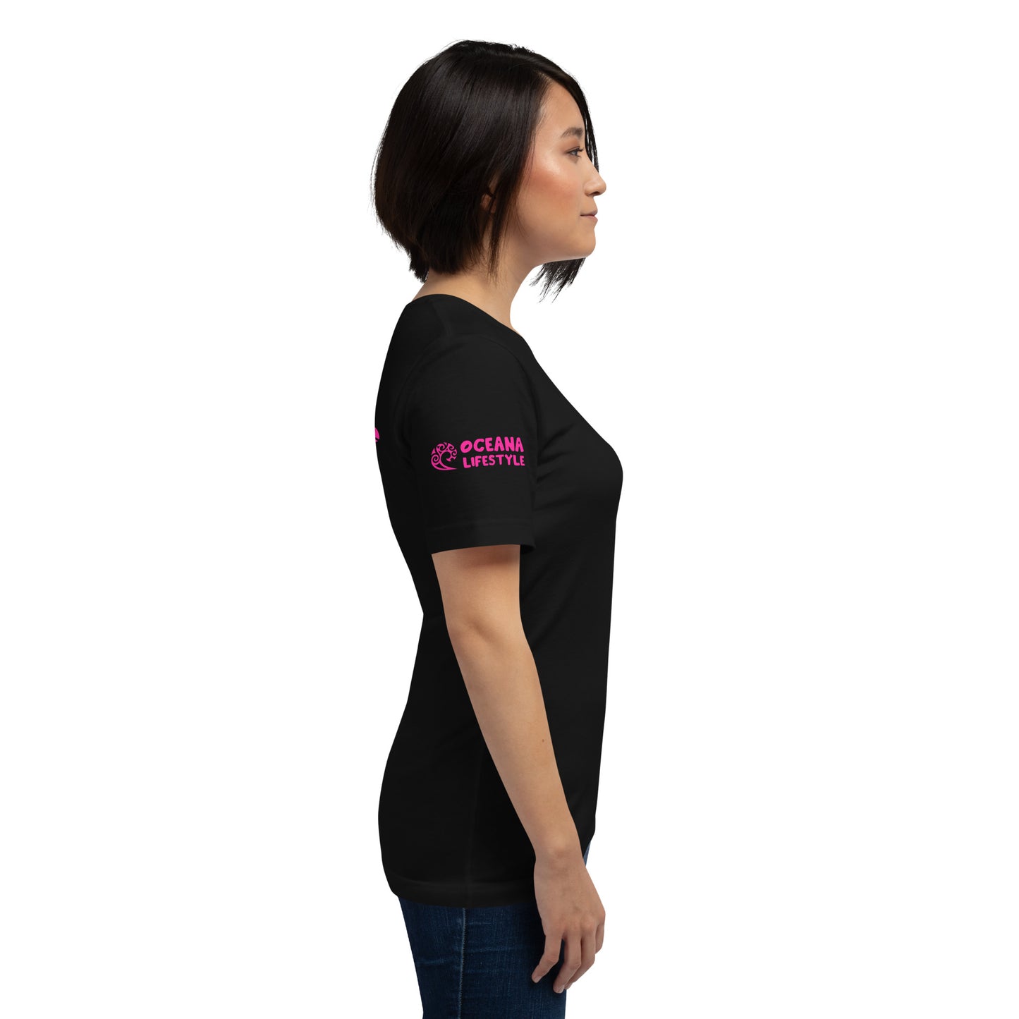 Polynesian Dolphin T-shirt For Men and Women Right Pink on Black