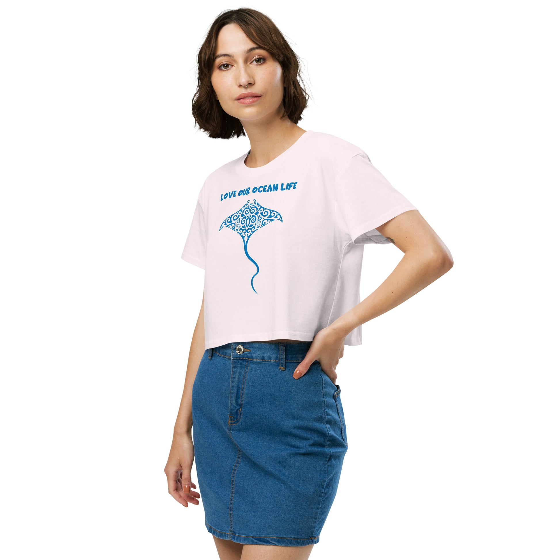 Polynesian Manta Ray Crop Top Women Blue on Pink Front