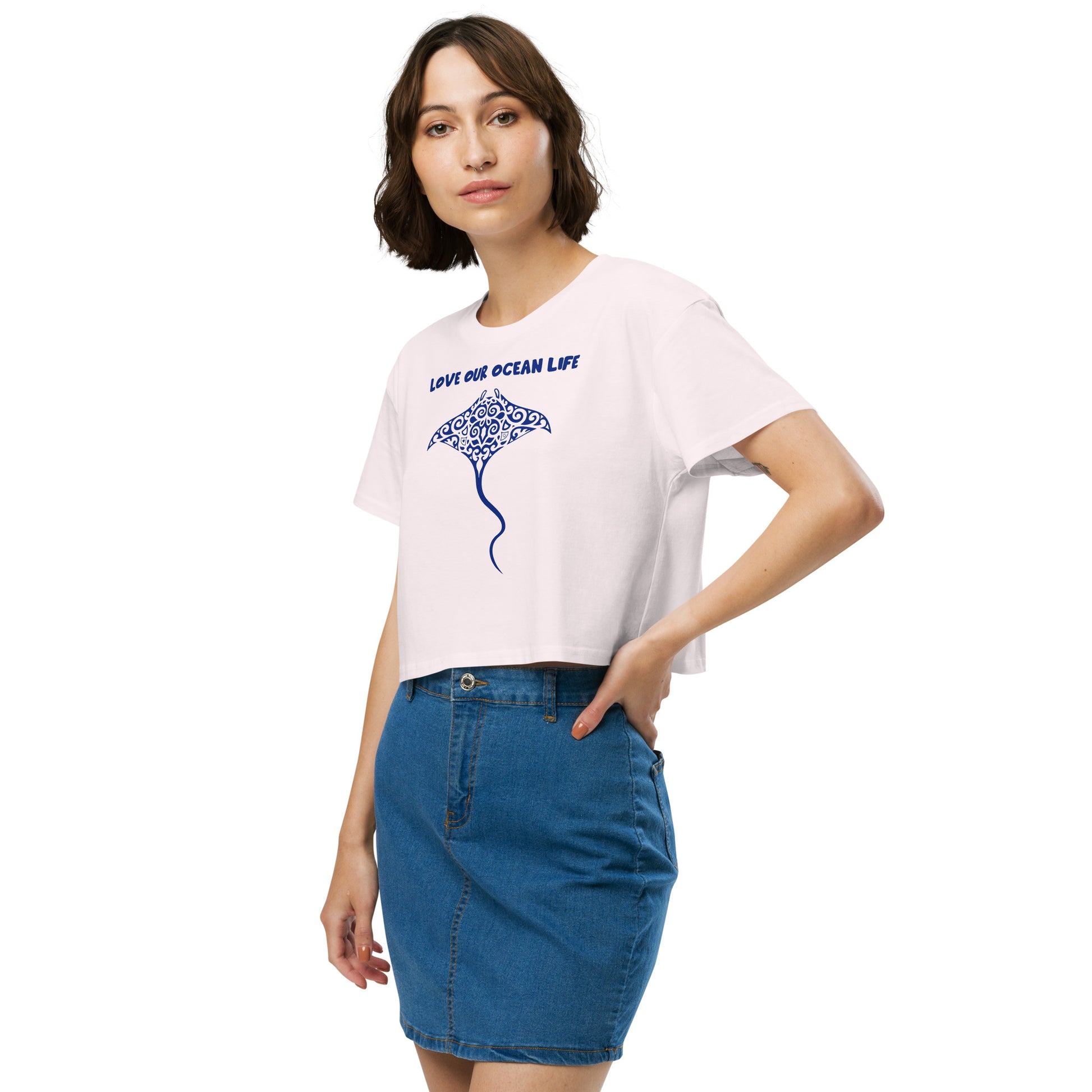 Polynesian Manta Ray Crop Top Women Navy on Pink Front Left
