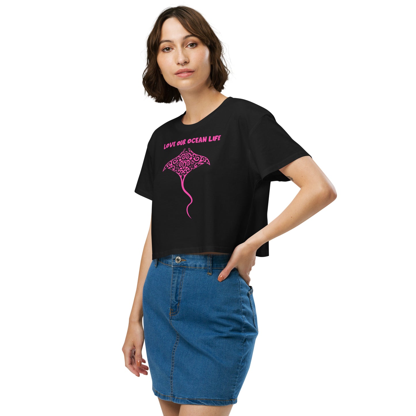 Polynesian Manta Ray Crop Top Women Pink on Black Front Left