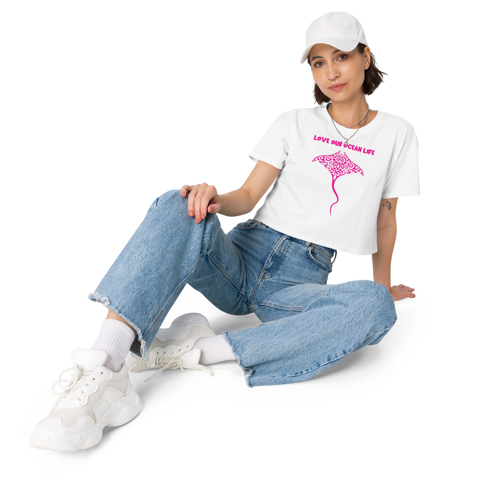Polynesian Manta Ray Crop Top Women Pink on White Front