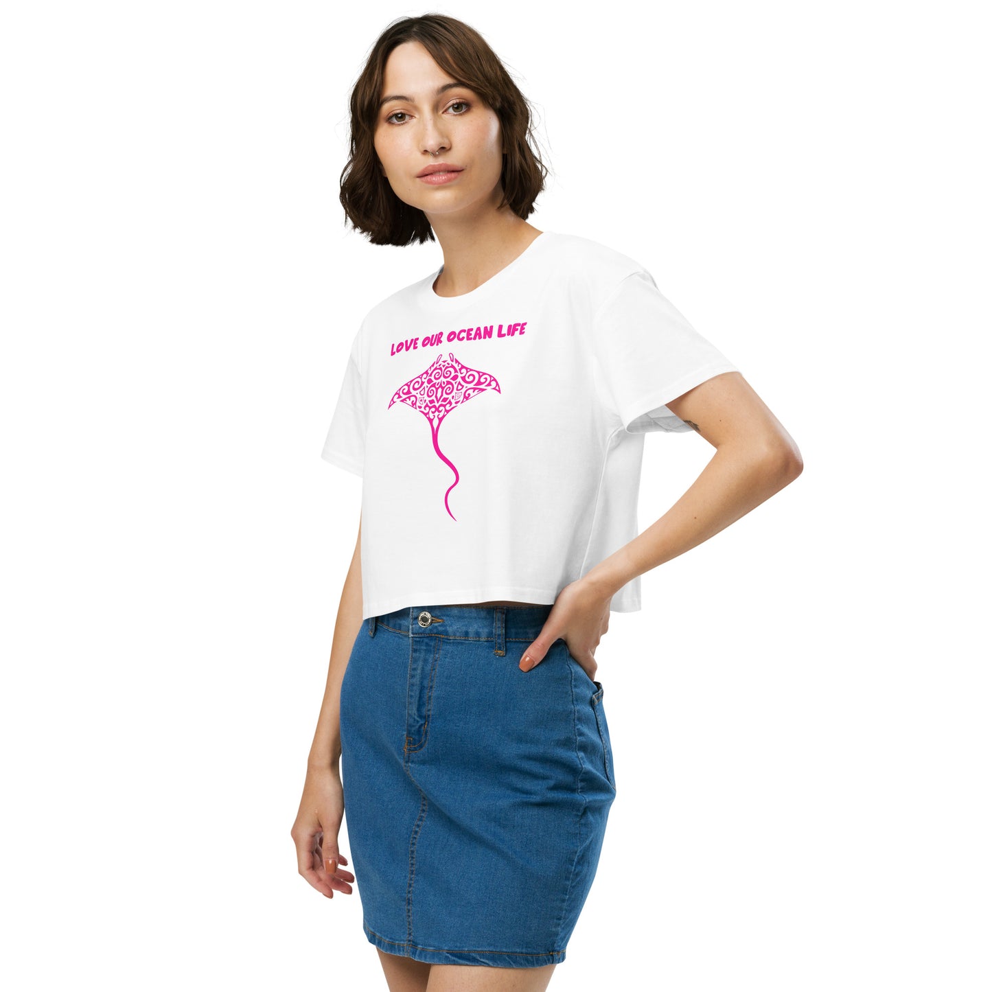 Polynesian Manta Ray Crop Top Women Pink on White Front Left