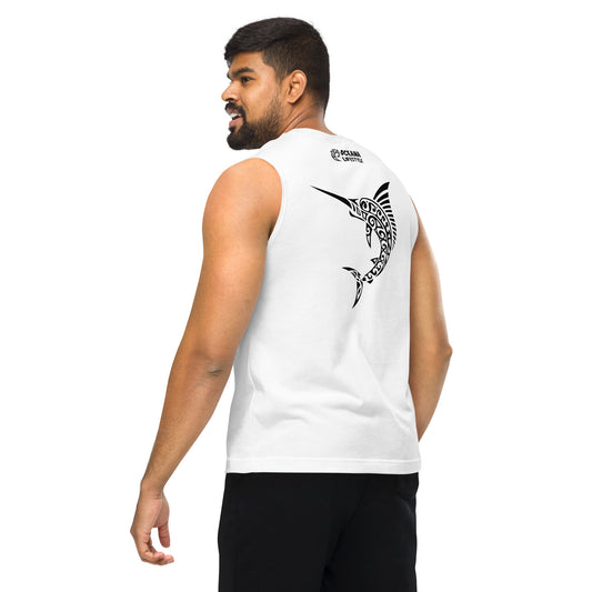 Polynesian Marlin Muscle Shirt Unisex Black on White Back